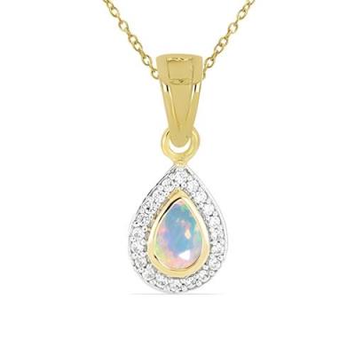 BUY NATURAL ORANGE ETHIOPIAN OPAL GEMSTONE 14K GOLD HALO PENDANT WITH WHITE DIAMOND